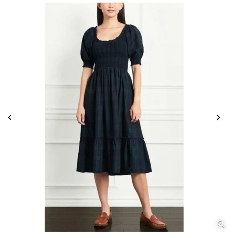 Hill House Dark Navy Plaid Puff-Sleeve Midi Dress